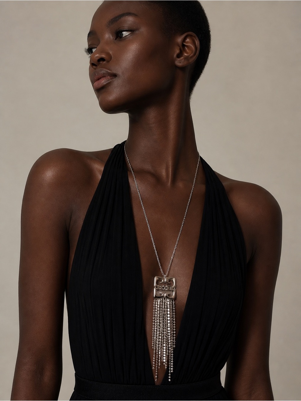Givenchy 4G Liquid Fringe Crystal Necklace Silver Statement Tassel Pendant - Picture 3 of 8